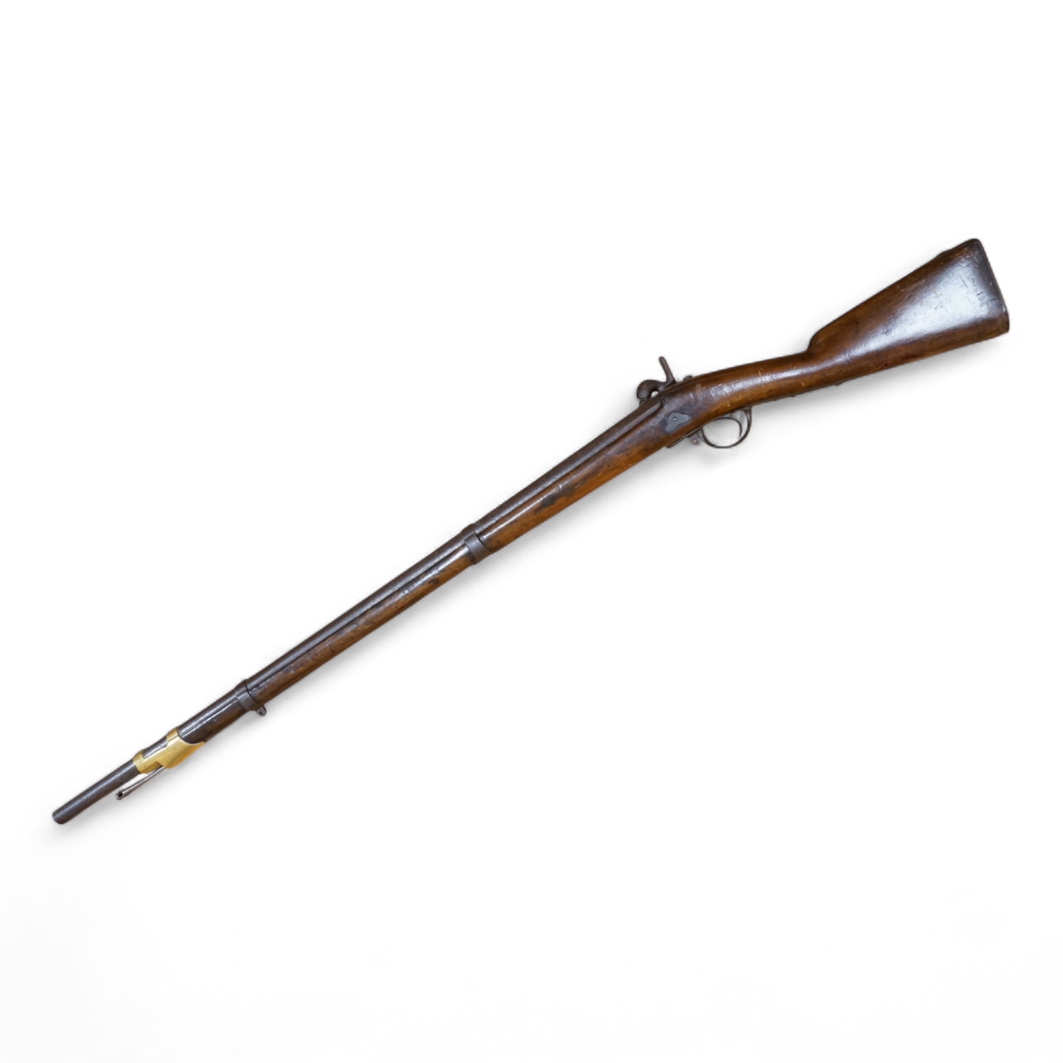 A 12 bore single barrel, back action, continental military percussion musket, barrel 93cm, possibly Russian, with regulation iron mounts and brass fore cap dated 1838